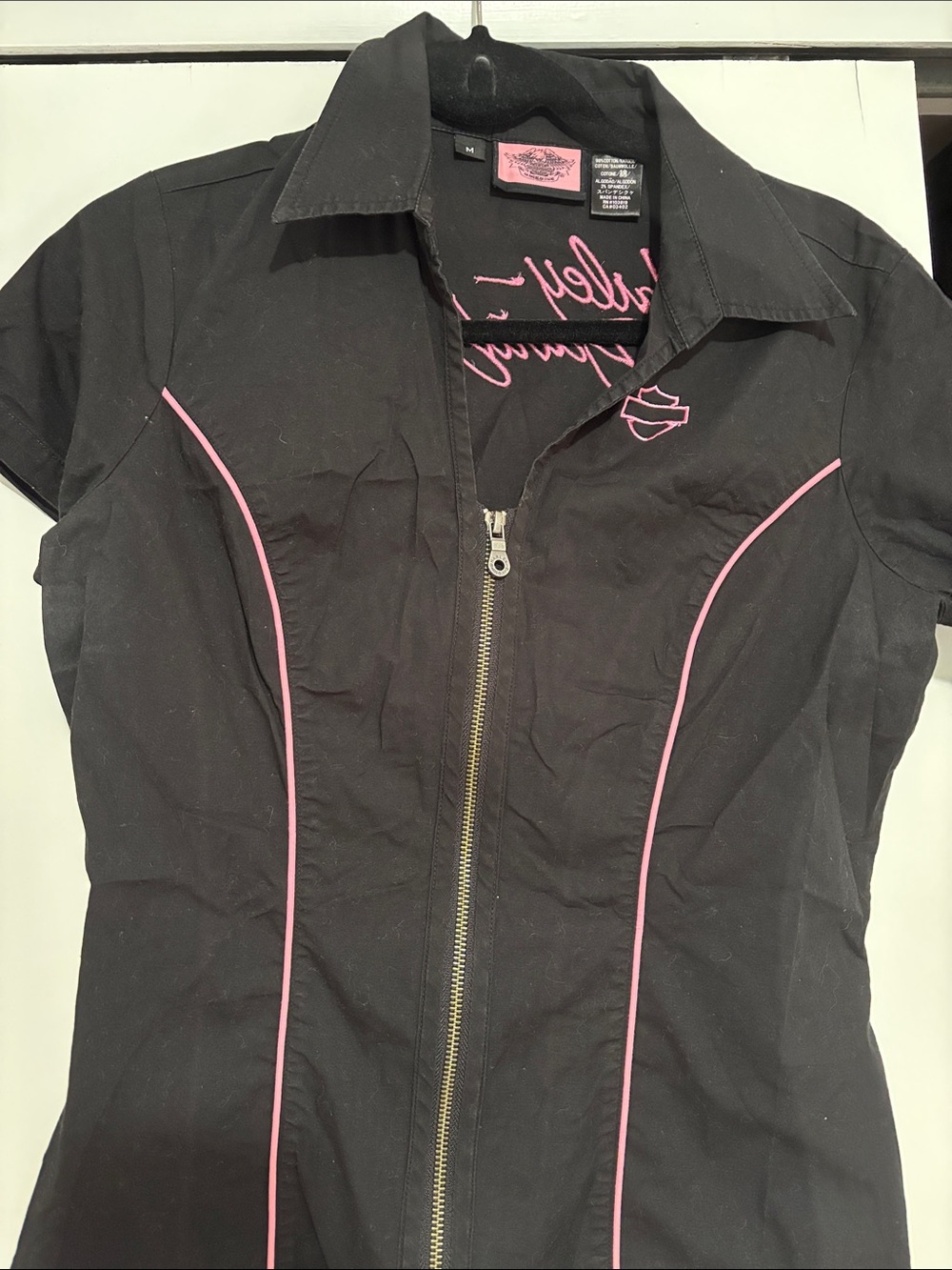 Harley-Davidson Black Shirt with Pink Piping Zip Front